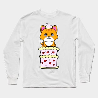 Funny orange cat jumping out of a cake Long Sleeve T-Shirt